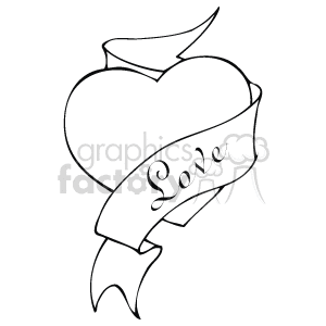 This is a black and white clipart image featuring a stylized heart with a decorative ribbon across it. The ribbon has the word Love written on it in a cursive script. The image is symbolic of romance and is generally associated with Valentine's Day or expressions of love.