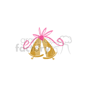 The clipart image features two golden wedding bells tied together with a pink ribbon bow at the top. Each bell has a small heart-shaped cutout in the center. The ribbons have serpentine curls coming down from the bow.