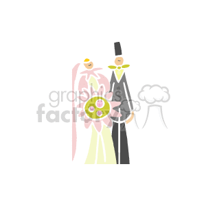 The clipart image depicts a stylized bride and groom. The bride is holding a bouquet of flowers, and both are dressed in traditional wedding attire. The bride appears to be wearing a white dress and holding a floral bouquet with pink elements, while the groom is in a black suit and a top hat. The background features a large pink flower, adding to the wedding theme.