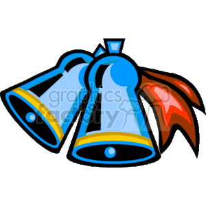 The clipart image features two blue wedding bells with yellow details and a red ribbon. They are tied together with a bow at the top, suggesting celebration and union.
