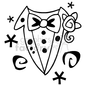 The clipart image features a stylized depiction of a tuxedo with a bow tie and a flower boutonnière. The tuxedo appears to be decorated with polka dots, and there are decorative swirls and star-like shapes surrounding the main image.