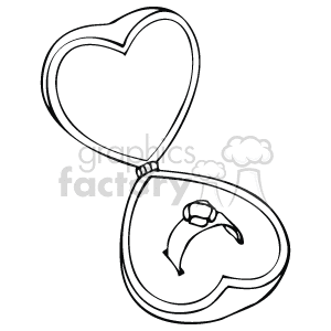 This clipart image shows a heart-shaped box with its lid open, revealing a ring inside, which is typically symbolic of an engagement or marriage proposal.