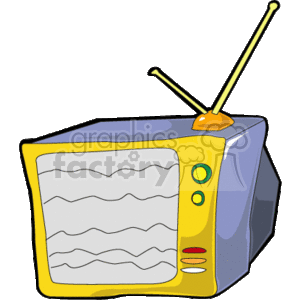The clipart image features a stylized representation of a classic television set. The TV has a large screen with horizontal wavy lines, suggesting static on the display. It has a boxy, slightly angled shape common to older TV models. On the right side, there is a yellow panel with circular buttons indicating controls, perhaps for volume and channels. At the top, there's an antenna with two telescopic rods extended diagonally, which is typical for receiving over-the-air broadcast signals.