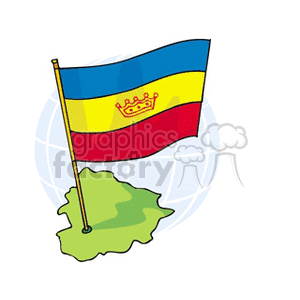 The clipart image showcases the national flag of Andorra, mounted on a pole and planted on a green, stylized geographical representation that could suggest land or terrain, with a background suggesting a global context, possibly a stylized globe or a map.