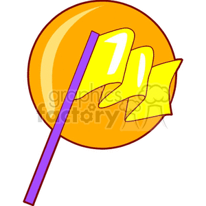 The clipart image shows a stylized yellow flag mounted on a purple pole. The flag appears to be waving or fluttering, indicating movement, and it is set against an orange circular background that could represent the sun or a simplified globe.