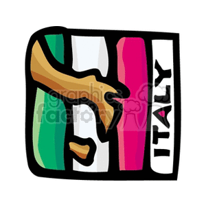 The clipart image shows a stylized representation of the flag of Italy, with green, white, and red vertical stripes. Next to the flag is a hand that's been colored in a brown tone, which is overlying part of the flag and the word ITALY written in bold, black lettering with pink highlighting.