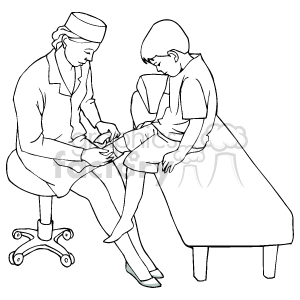 The clipart image shows a nurse attending to a young boy, possibly applying a bandage to his leg. The nurse is seated on a rolling stool and both are located, presumably in a medical setting such as a clinic or hospital room.