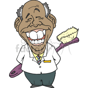 The clipart image depicts a cartoonish character who appears to be an African American dentist. The character is smiling broadly, showcasing a set of white teeth, symbolizing oral health. The character is holding a large purple toothbrush with a yellow brush head, which emphasizes the importance of dental hygiene. The character is dressed in a white lab coat with a name tag and a tie, indicating their professional status.