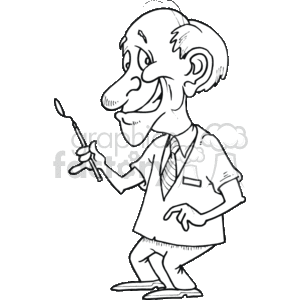The image shows a black and white clipart illustration of a friendly-looking, older male dentist. He is holding what appears to be a dental mirror, a common tool used by dentists to inspect a patient's teeth. The man is wearing a lab coat with a pocket, suggesting a professional medical or dental environment, and a tie, which indicates a formal working attire. The illustration is cartoonish in style with exaggerated facial features.