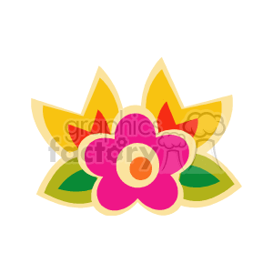 The image is a colorful clipart of a stylized flower with multiple layers of petals in shades of pink, orange, yellow, and green leaves. The flower is in full bloom, depicted in a simplified, decorative design commonly used for a variety of design purposes.
