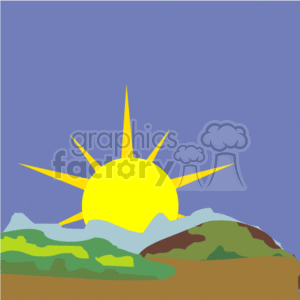 The clipart image depicts a stylized scene of nature where a bright yellow sun with pronounced rays is partially rising or setting behind a range of green and brown mountains. The sky is filled with a soothing shade of blue, indicating clear weather conditions.