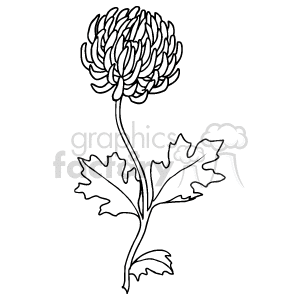 The clipart image features a stylized representation of a single flower with a detailed, layered bloom and a pair of leaves on a slender stem. The image is in black and white with outlines defining the flower and leaves, suggestive of a drawing or a print.
