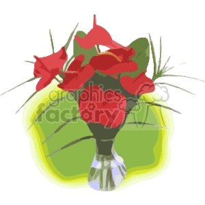 The clipart image depicts a bouquet of red tropical flowers with green leaves and possibly some smaller greenery or buds. The bouquet is wrapped at the stems with a patterned fabric or ribbon and the background suggests a glow or shine around the bouquet.