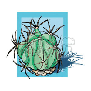 The clipart image depicts a stylized drawing of a round, green cactus with several long, black thorns protruding from it. The cactus appears to have white highlights on some parts, suggesting a light source, and it's positioned against a light blue background. There's also a shadow on one side, giving the impression that the cactus is sitting on a surface.