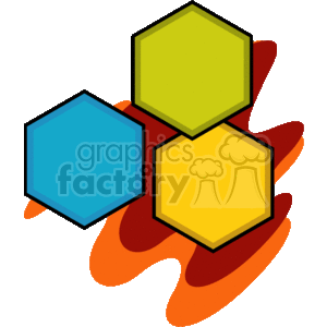 The image appears to be a clipart representing three interlocking puzzle pieces, each with a different color: blue, green, and yellow. They are floating above a red-orange abstract shape that could represent a shadow or splash.