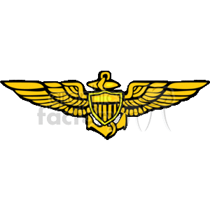 The image is a stylized representation of a pilot's wings badge, often used to signify a pilot's qualifications or rank. The badge features wings on either side, symbolizing flight, along with a central emblem that resembles a shield, possibly denoting protection or authority. At the top of the badge, there is a small circular detail, which might represent an attachment point or decorative element.