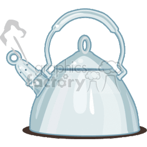 The image shows a silver kettle with steam coming out of the spout, indicating that the water inside is boiling. The kettle has a round body, a large handle for pouring, and a lid on top. The spout has a little flap that is lifted by the pressure of the steam.
