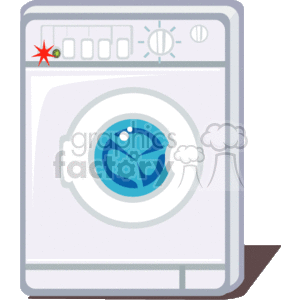 This image depicts a cartoon of a front-loading washing machine. It's a simple representation, with a circular window showing a glimpse of blue clothing inside, indicating that clothes are being washed. The machine displays a control panel at the top with various dials and buttons, one of which has a red light illuminated, suggesting the machine is in operation. There's also a shadow on the lower right side, giving the image a sense of depth.