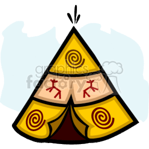 The clipart image depicts a stylized representation of a teepee (also spelled tipi), which is a conical tent traditionally made by some Native American tribes. The teepee in the image is adorned with decorative elements such as spirals and figures that could symbolize different meanings or stories.