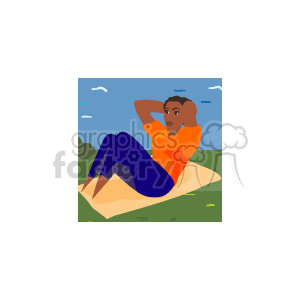 The clipart image depicts an African American individual performing sit-ups outdoors. The person is dressed in an orange top and navy blue bottoms, lying on a beige mat on the grass. The background features a blue sky with several white birds flying.