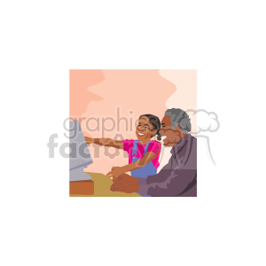 The clipart image depicts an African American family scene where a father and his young daughter are enjoying time together at a computer. The girl appears to be pointing at the screen, possibly engaged in a fun activity or game, while the father looks on smilingly, suggesting a bonding moment involving technology.