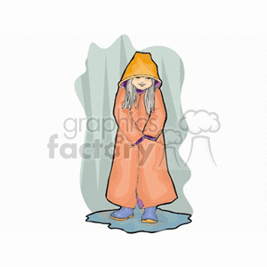 A girl standing in a puddle on a rainy day in an orange raincoat