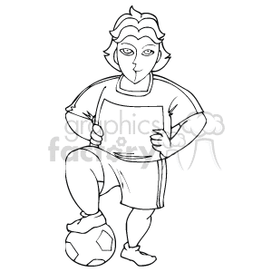 The clipart image depicts a character standing with one foot on a soccer ball. The character appears to be wearing a short-sleeved shirt, shorts, and sports shoes, suggesting a soccer player's attire. They have a confident stance, with hands on hips, and a playful or mischievous expression.