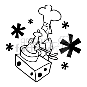 The clipart image shows a simplified, stylized illustration of a chef cooking. The chef is wearing a traditional chef's hat and is standing at a stove or cooking range, holding a cooking utensil, likely a spoon or spatula, and appears to be stirring a pot. The stove has a couple of dials or knobs on its front, indicating control settings. There are star-like shapes surrounding the chef, which possibly signify the chef's cooking flair or the aroma of the food. The image is monochromatic and is designed in a minimalist line art style.