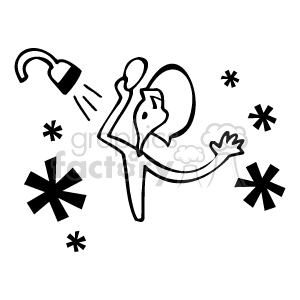 This clipart image depicts a stylized figure of a person taking a shower. Water is streaming down from a showerhead above, and the person appears to be enjoying the sensation, indicated by a content facial expression and a hand raised as if feeling the water temperature. There are also several stylized water droplets or splashes surrounding the figure, emphasizing the action of showering.