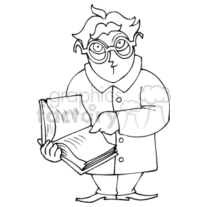 This clipart image shows a cartoon-style depiction of a person, possibly a teacher, holding an open book and pointing at a page. The character is wearing glasses, has wavy hair, and is dressed in a coat that suggests a professional or academic setting.