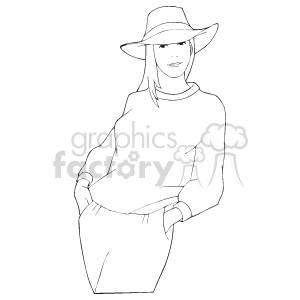 The clipart image features a line drawing of a stylized woman wearing a wide-brimmed hat and a loose-fitting top with long sleeves. Her hands are placed on her hips, and she has a slight smile on her face, giving the impression of a confident pose.
