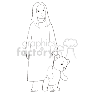 The image is a line drawing of a young girl holding a teddy bear. The girl appears to be standing and is dressed in a long dress or gown with her hair down. She is holding the teddy bear by one of its arms.
