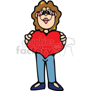 The image is a clipart that features a cartoon woman with curly hair wearing glasses, blue pants, and shoes. She is smiling and holding a big red heart in front of her. The image is colorful and has a playful, simplistic style, typical of illustrations aimed at conveying love and happiness, likely for themes such as Valentine's Day or love in general.