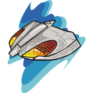 This clipart image depicts a stylized UFO (Unidentified Flying Object) with a metallic grey body and details in orange and yellow, evoking the appearance of lights or propulsion systems. The object is set against a simplified, abstract blue background that suggests motion or an otherworldly atmosphere. There are no aliens or people present in the image.