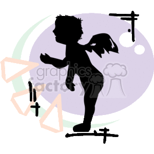 The clipart image features a silhouette of a cherubic figure that resembles a cupid or an angel, complete with wings. The figure appears to be striding or dancing and has a playful or whimsical posture. The background consists of a large, mostly full circle in shades of purple, suggesting a stylized celestial body or perhaps a simplified depiction of heaven. There are also abstract shapes, including triangles with crossed lines inside them, resembling an artistic representation of musical instruments or other ethereal elements.