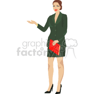 The clipart image depicts a professional woman, possibly a lawyer, businesswoman, or realtor, wearing a formal green suit with a knee-length skirt and holding what appears to be a red folder or portfolio. She has a welcoming gesture as if ready to present or engage in a discussion.