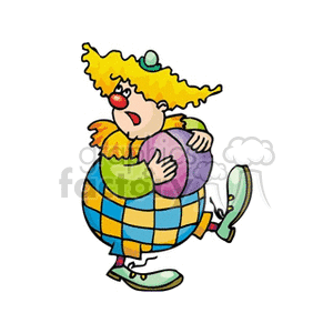 A Clown with a Small Green Hat Walking Holding a Ball Tight