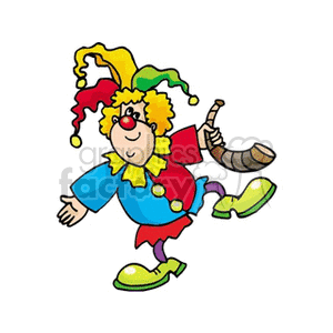 A Funny Clown with a Court Jestor Hat Standing on one Foot and Holding a Horn