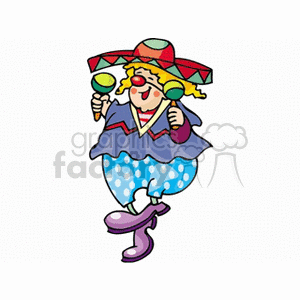 A Happy Clown dancing and Wearing a sombrero Playing the Maracas 