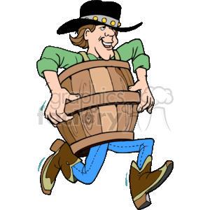This clipart image features a cartoon man, depicted as a cheerful cowboy wearing a cowboy hat, green shirt, blue jeans, and brown cowboy boots. The man is holding a wooden barrel around his midsection as if it were a part of a costume or disguise. He has a broad smile, and his posture suggests movement or possibly dancing.