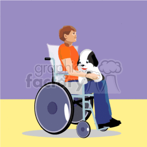 The clipart image features a young girl sitting in a wheelchair. She has reddish-brown hair and is dressed in a red-orange shirt and blue jeans. Her attention seems focused on something outside the frame. A happy black and white puppy with a red collar is resting its front paws on her lap, looking up at her affectionately. The background is a simple gradient of purple to yellow, suggesting an indoor environment with plain walls and a floor. There's no boy, gift, or any other people visible in the clipart.