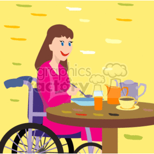 This clipart image depicts a woman in a wheelchair having breakfast. She appears happy and is eating with a spoon; on the table, there are items like a cup of coffee, a teapot, and a glass that could contain juice. The setting suggests an accessible environment that is accommodating to her needs.