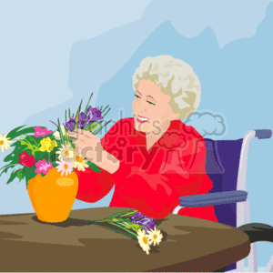 This clipart image depicts a smiling elderly woman in a wheelchair arranging a colorful bouquet of flowers in a vase placed on a table. She is wearing a vibrant red blouse and has curly gray hair. The background is a stylized representation of an interior, possibly with a window or artwork.