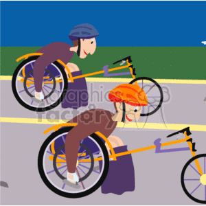 This clipart image features two individuals participating in a wheelchair race. They are using racing wheelchairs, which have three wheels—one at the back and two at the front—and are designed for speed and agility. The people in the image are wearing helmets for safety, and they appear to be in motion on a racing track marked with lines. The foreground is dominated by one of the racers, who is wearing an orange helmet, while the other racer, with a blue helmet, is slightly behind. The background suggests an outdoor setting with a blue sky above a green field or grassy area.