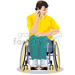 A Man with a Bright Yellow Shirt Sitting in a Wheelchair on the Phone