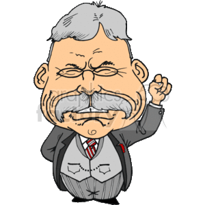 This clipart image depicts a caricature of the 26th President of the United States, Theodore Roosevelt, known as Teddy Roosevelt. The caricature accentuates features like his prominent mustache, glasses, and a toothy smile, and he is depicted in a suit with a striped tie and a lapel badge. His right hand is raised as if he is making a point or waving.