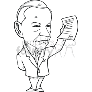 The clipart image depicts a caricature of a stern-looking man in a suit, holding a document in his hand. The keywords suggest this character is intended to represent an American president, specifically the 30th president, associated with the name Calvin Coolidge. The image conveys a political theme and is done in a humorous or satirical style typical for caricatures, which exaggerate certain features for comic effect.