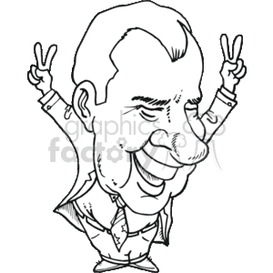 The clipart image shows a caricature of a man gesturing with his fingers making the V sign with both hands, which is often associated with the term victory. The caricature emphasizes certain features for a humorous effect, typical of this style of illustration. The man is wearing a suit and tie, suggesting that he is meant to represent a figure of some significance, likely in the political arena.