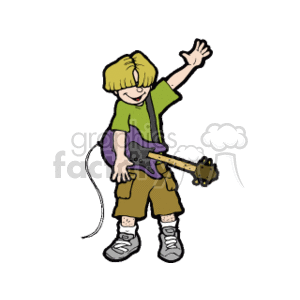 This clipart image depicts a cartoon of a child who appears to be happily playing an electric guitar. The child is wearing a green T-shirt, purple over-shirt, beige shorts, and gray sneakers. The child's right arm is raised in the air, which traditionally signifies excitement or enthusiasm while playing an instrument. The guitar is colored purple and black, and the cable connecting the guitar seems to be trailing off the bottom edge of the image. The image captures a playful and musical theme, with the child seemingly enjoying the act of making music.