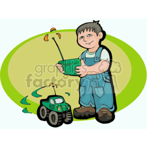 In the clipart image, there is a smiling child, depicted as a boy, wearing blue overalls and holding a radio control transmitter. He is operating a green radio-controlled truck depicted with motion lines to show movement. The background features an abstract green and yellow shape that highlights the child and the truck, creating a playful scene.